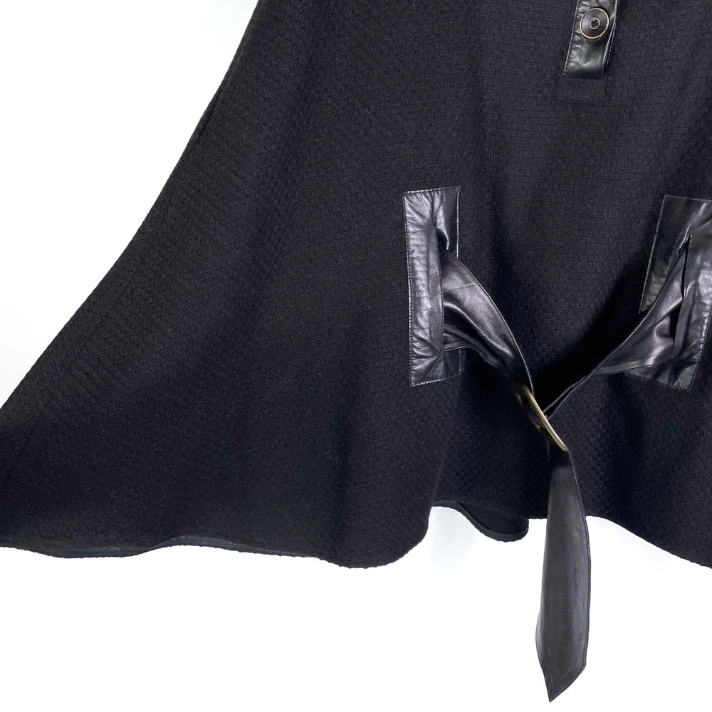 Mackage Poncho Wool Blend Black Leather Trim Belted Cape Collared Sz XS Women's - Picture 4 of 11